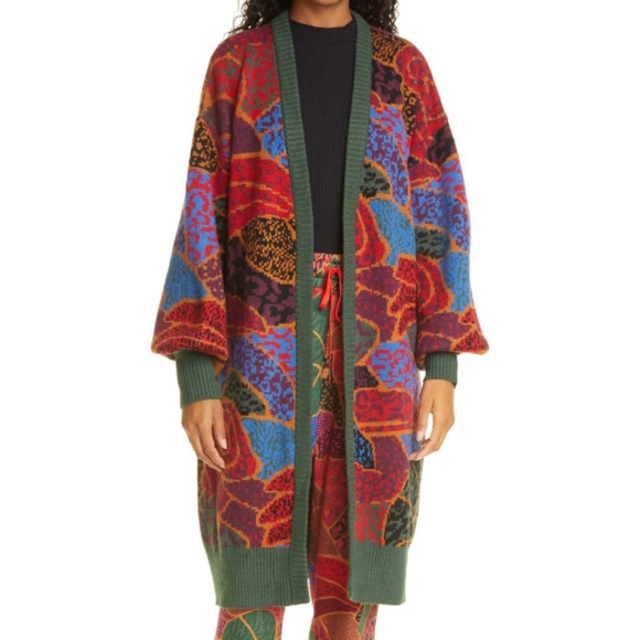 FARM Rio Sweaters - NWT FARM Rio Boho Coloful Tropical Print Hidden Animals Open Front Midi Cardigan